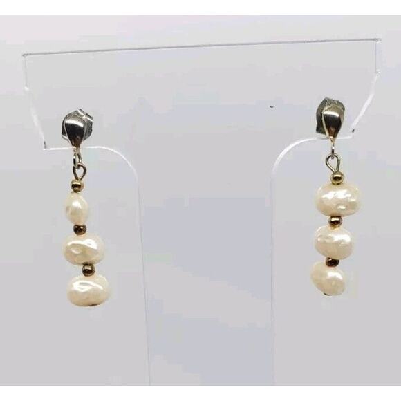 Vintage Faux Pearl Earrings Triplr Long Dangle Freshwater Gold Plated Beads - Picture 2 of 7